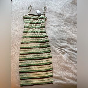 Striped cream, white, green, and brown long dress.